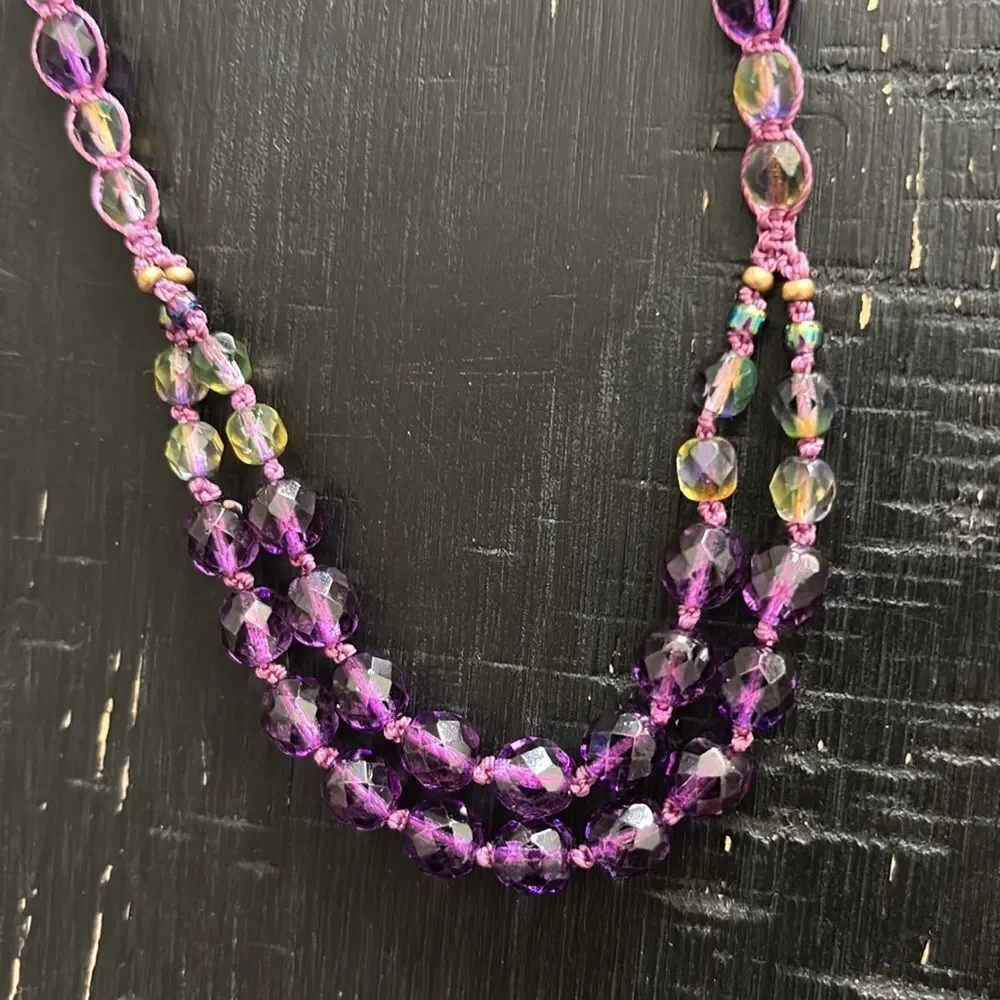 Purple Aurora Borealis Bead Beaded Crochet Handmade Necklace Boho Hippie Unique​